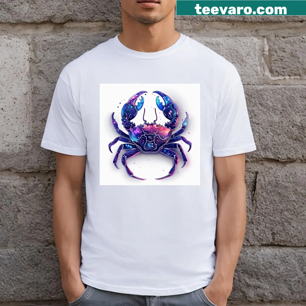 Cancer zodiac symbol graphic T-shirt with celestial design — on a men's t-shirt