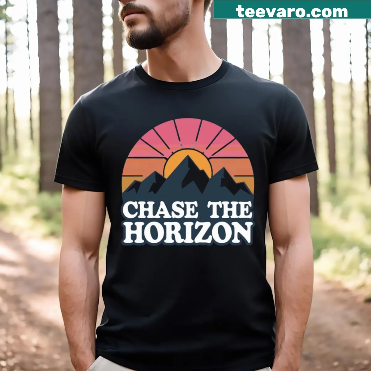 Inspirational T-shirt with a travel-themed phrase about chasing horizons. — on a men's t-shirt