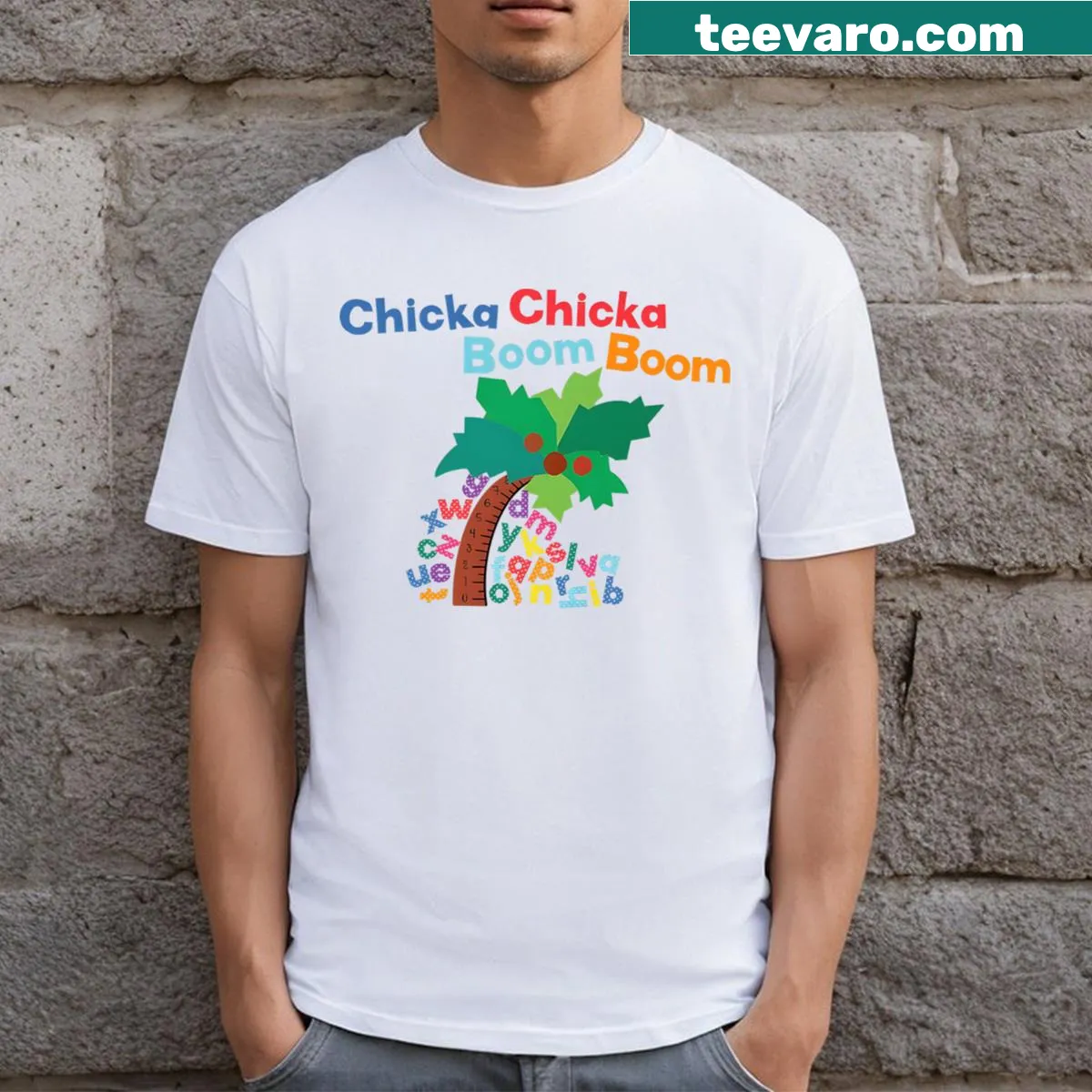 Fun Halloween t-shirt with 'Chick Chicka Boom Boom' text design — on a men's t-shirt