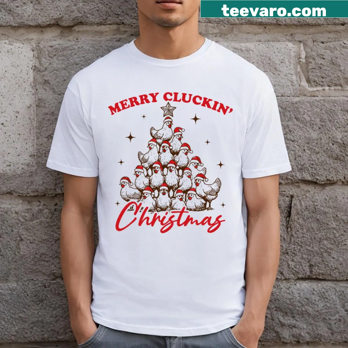 Funny Christmas t-shirt featuring chickens and festive graphics — on a men's t-shirt