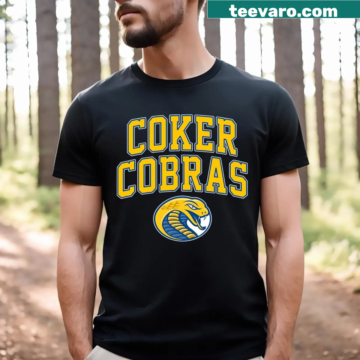 Coker College Cobras vintage sports t-shirt with arch design — on a men's t-shirt