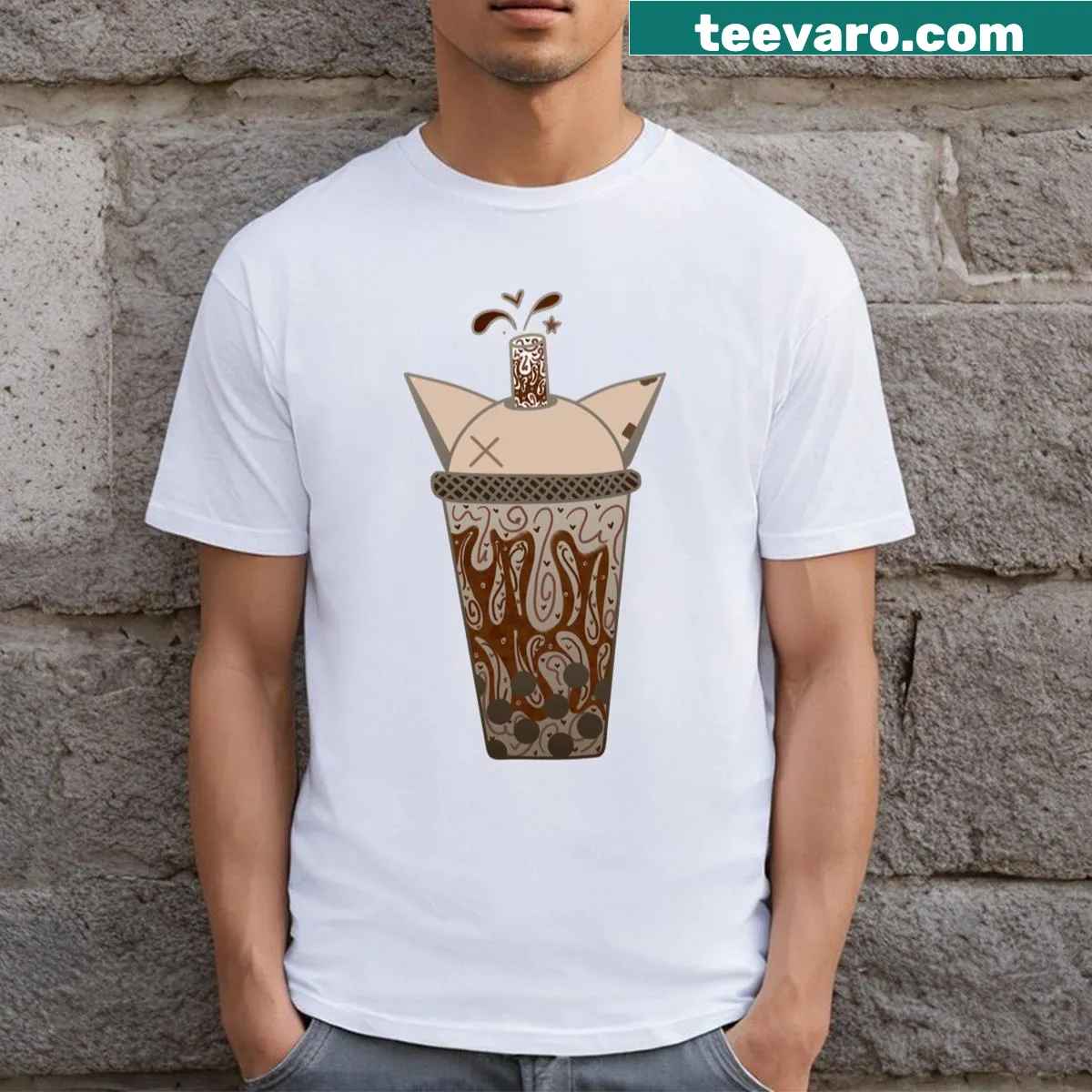Whimsical cat enjoying cold brew boba drink on T-shirt — on a men's t-shirt