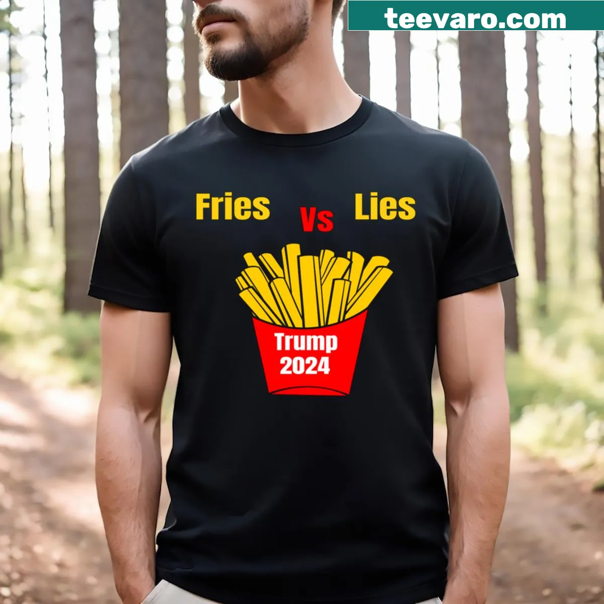 Funny T-shirt featuring Donald Trump and French fries design — on a men's t-shirt