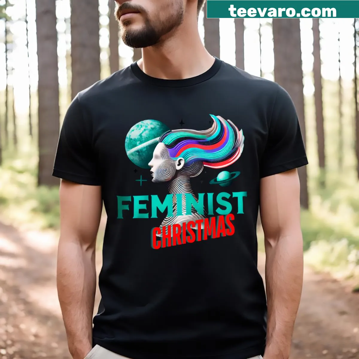 Edgy Cosmic Feminist T-shirt with celestial illustrations — on a men's t-shirt