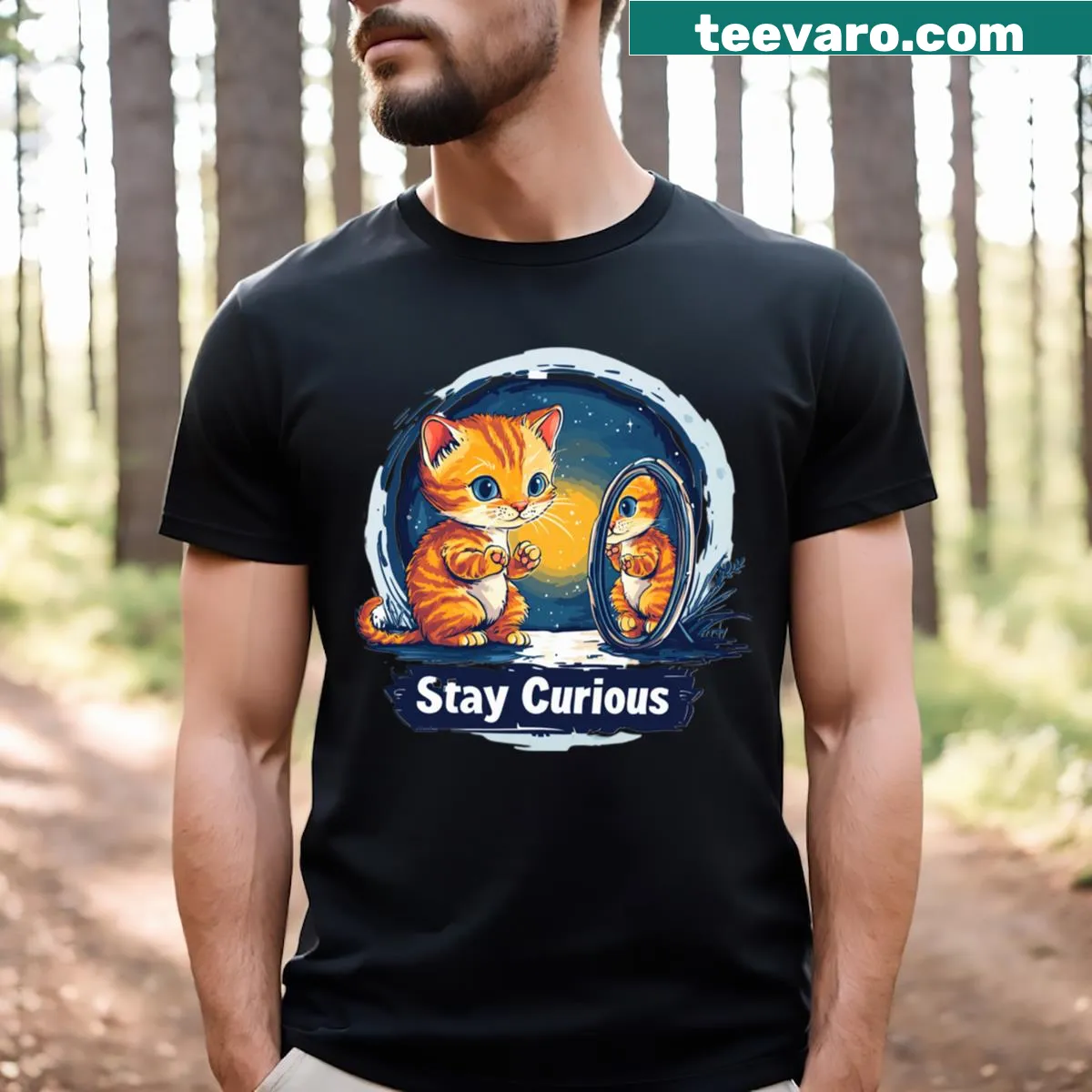 T-shirt featuring a curious orange tabby kitten in a nighttime reflection. — on a men's t-shirt