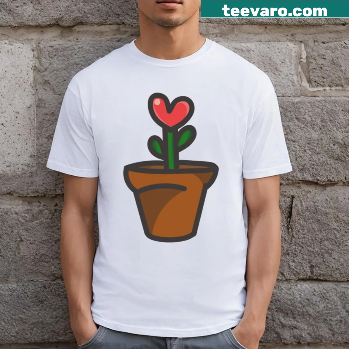 Illustration of a potted plant with a heart-shaped flower — on a men's t-shirt
