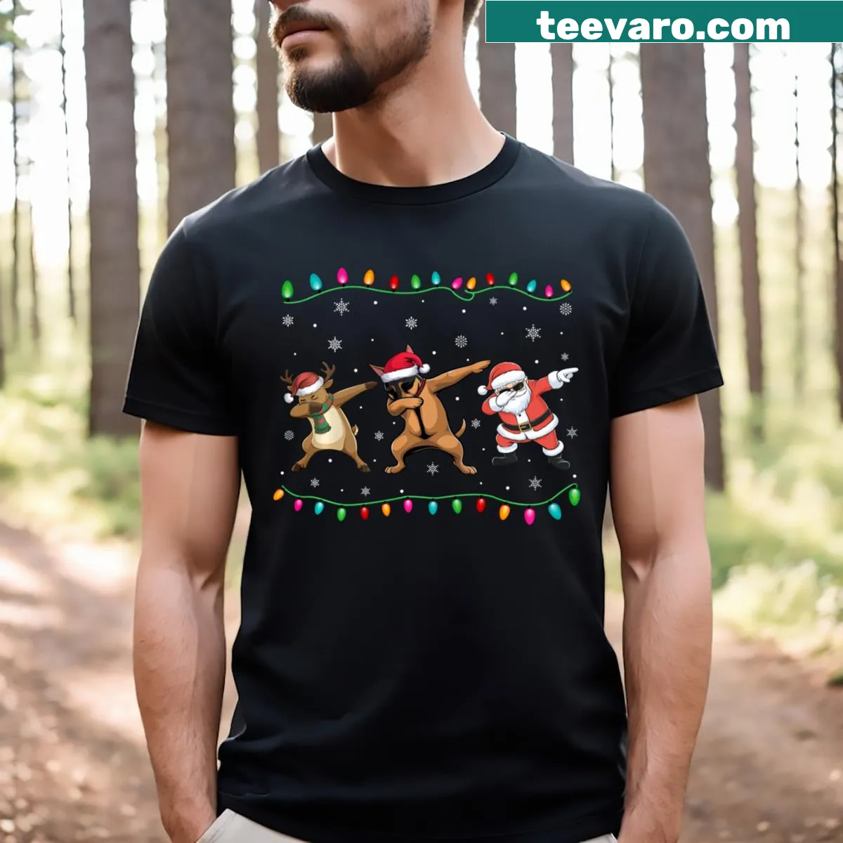 Dabbing Santa with a Miniature Pinscher and Christmas tree illustration — on a men's t-shirt
