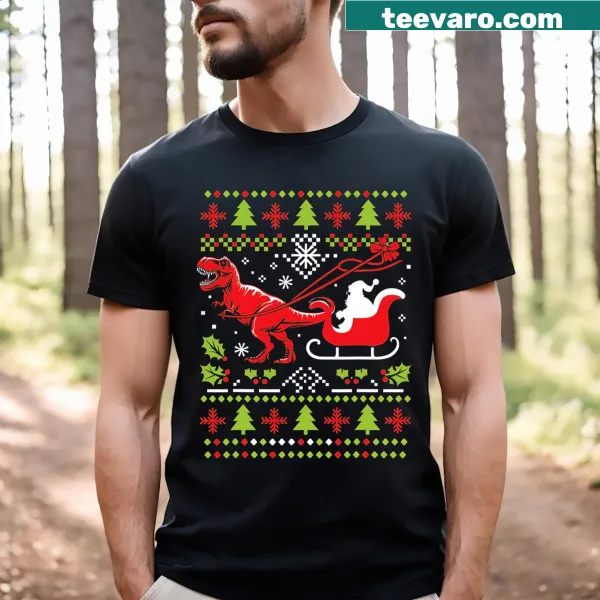 Funny dinosaur T-shirt with Santa and Christmas tree graphic for kids