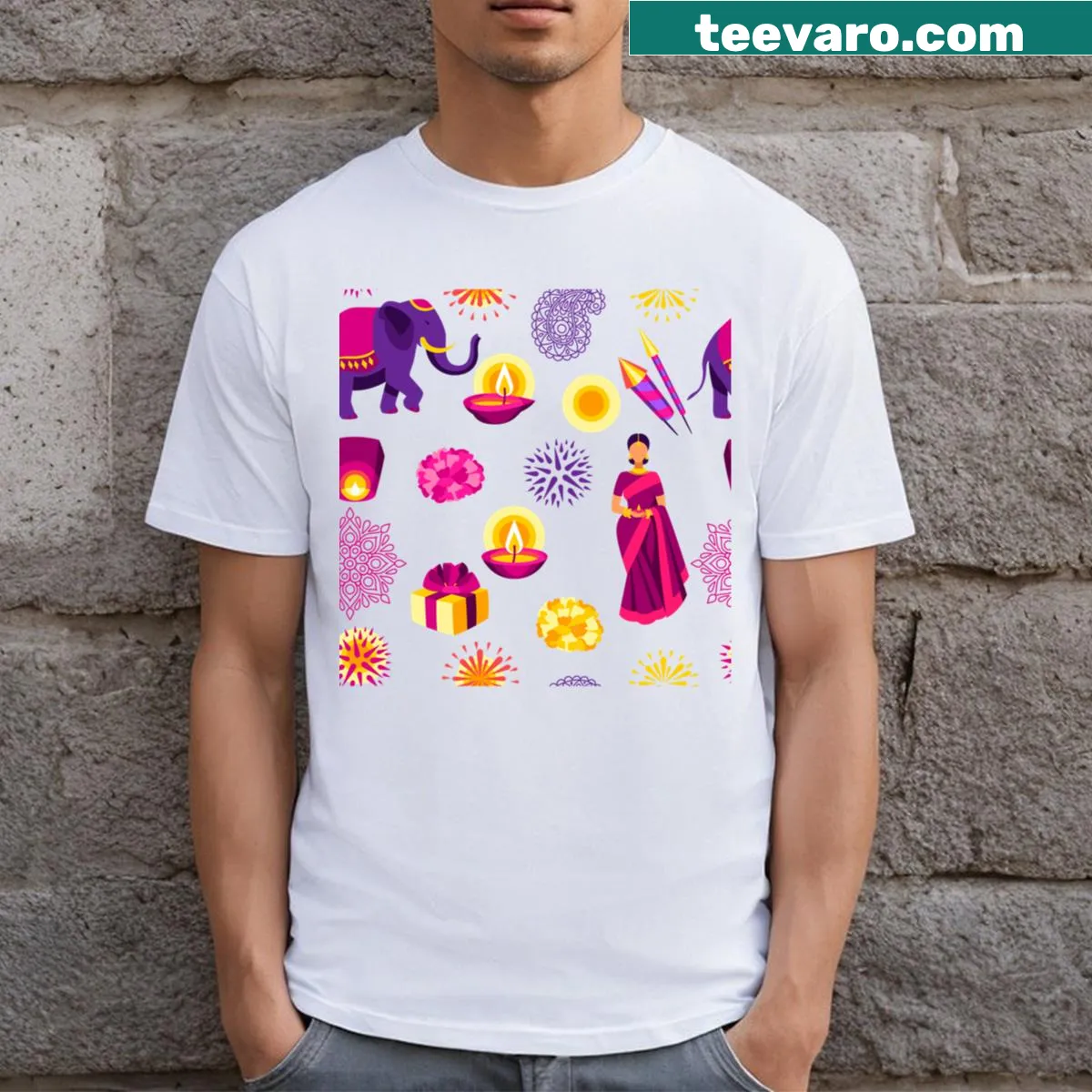 T-shirt featuring a pattern of diya lamps for Diwali — on a men's t-shirt