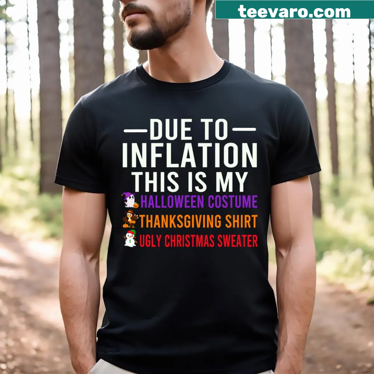 Funny Halloween T-shirt with 'Due To Inflation' text, suitable for men and kids — on a men's t-shirt