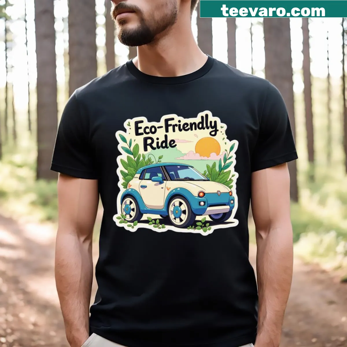 Eco-friendly T-shirt promoting electric cars with minimalist design — on a men's t-shirt