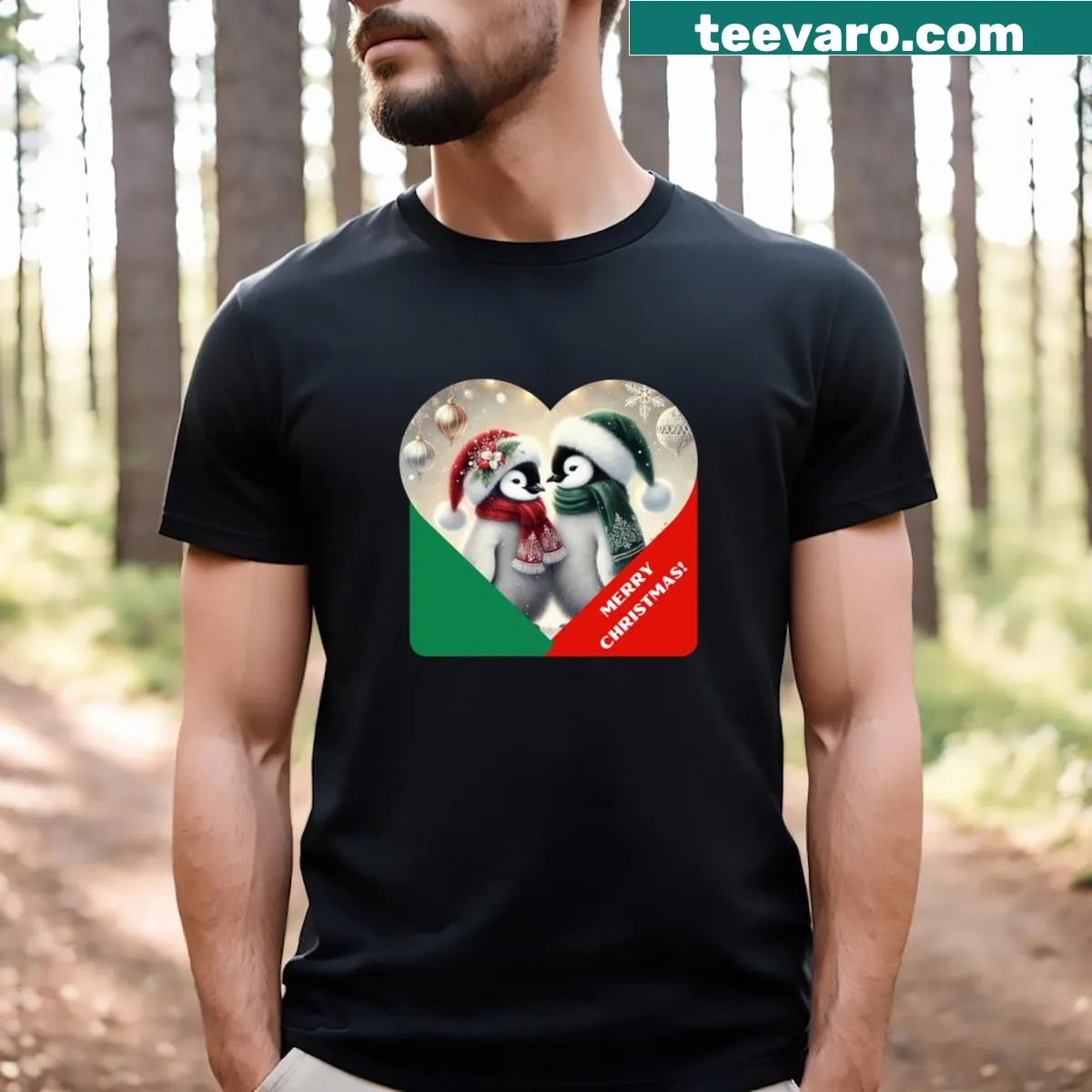 Merry Christmas T-shirt with elegant penguins illustration — on a men's t-shirt