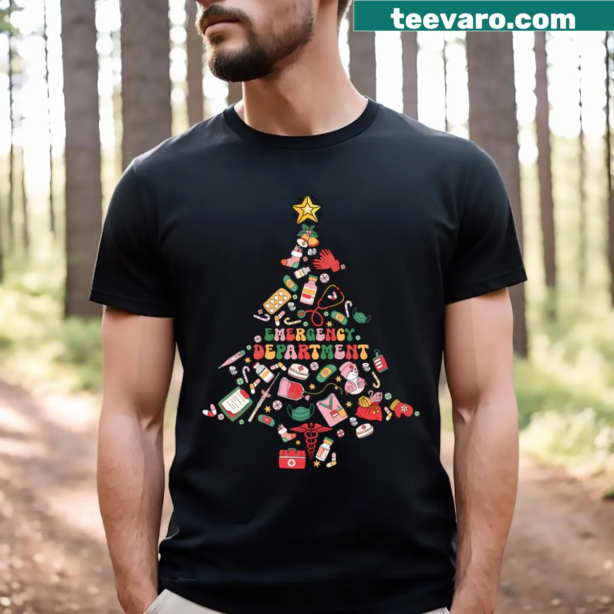 Illustration of a Christmas tree with medical symbols for ER nurses. — on a men's t-shirt