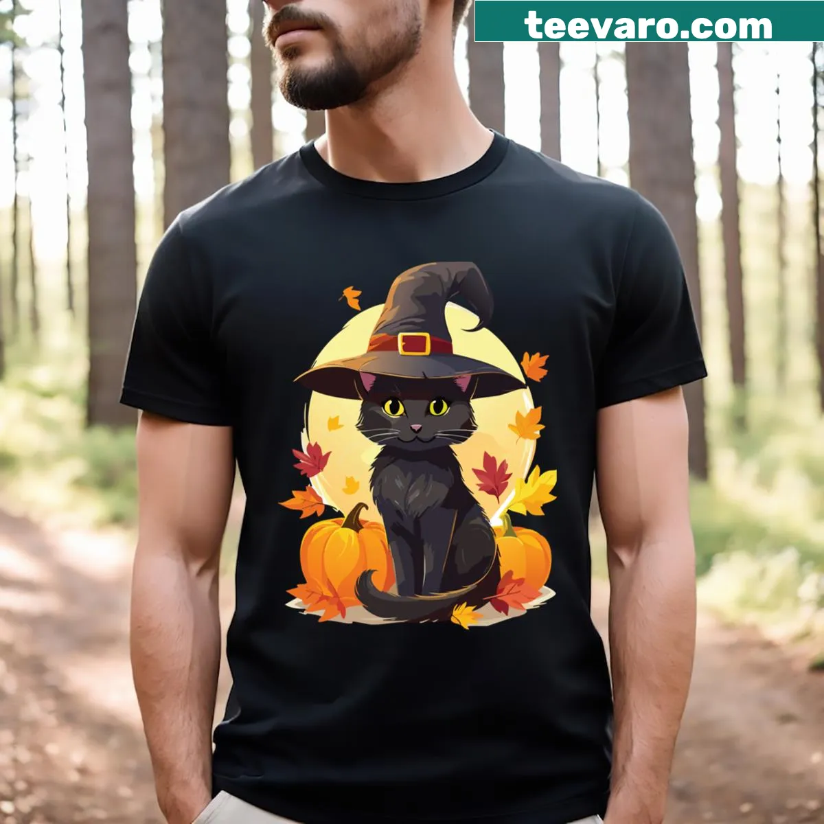 Illustration of a black cat with a witch hat for fall enthusiasts. — on a men's t-shirt