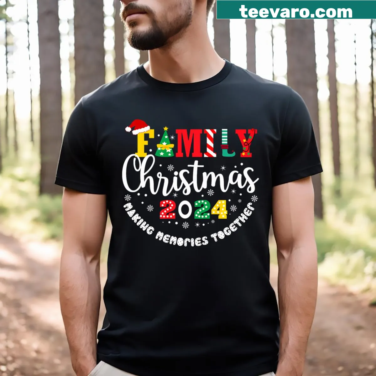 Family Christmas T-shirt with Santa and festive graphics — on a men's t-shirt