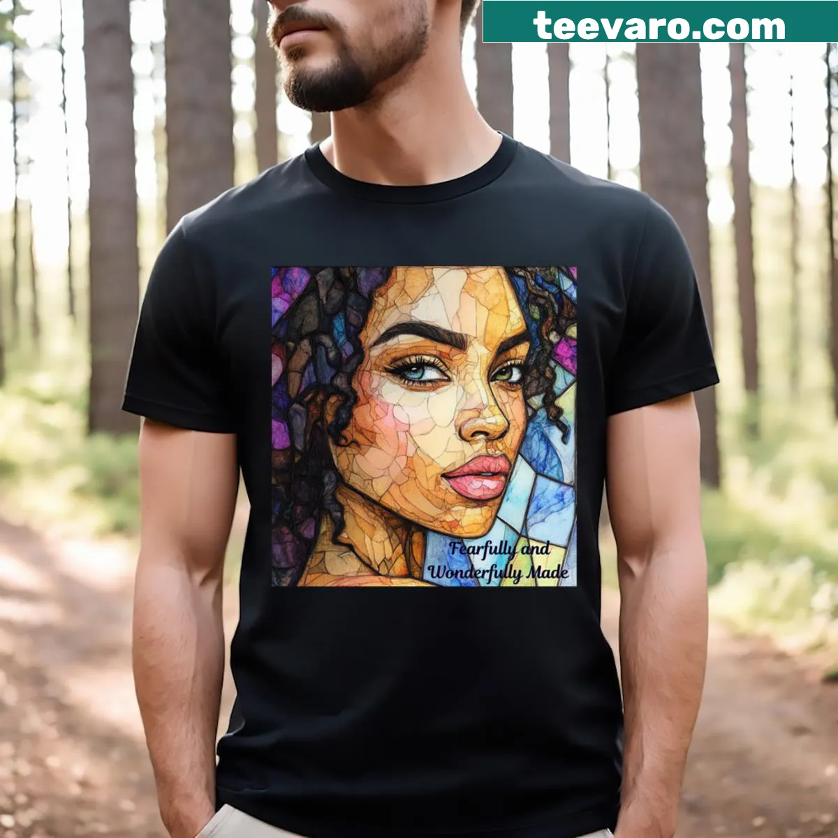 Inspirational T-shirt with 'Fearfully and Wonderfully Made' text — on a men's t-shirt