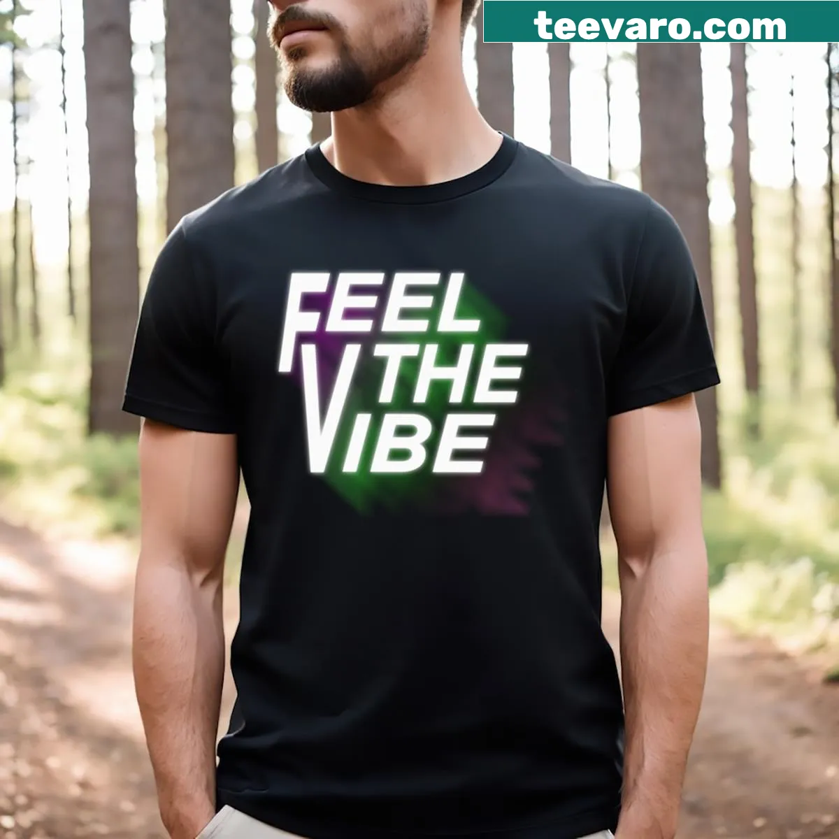 Playful T-shirt with 'Feel The Vibe' text design — on a men's t-shirt