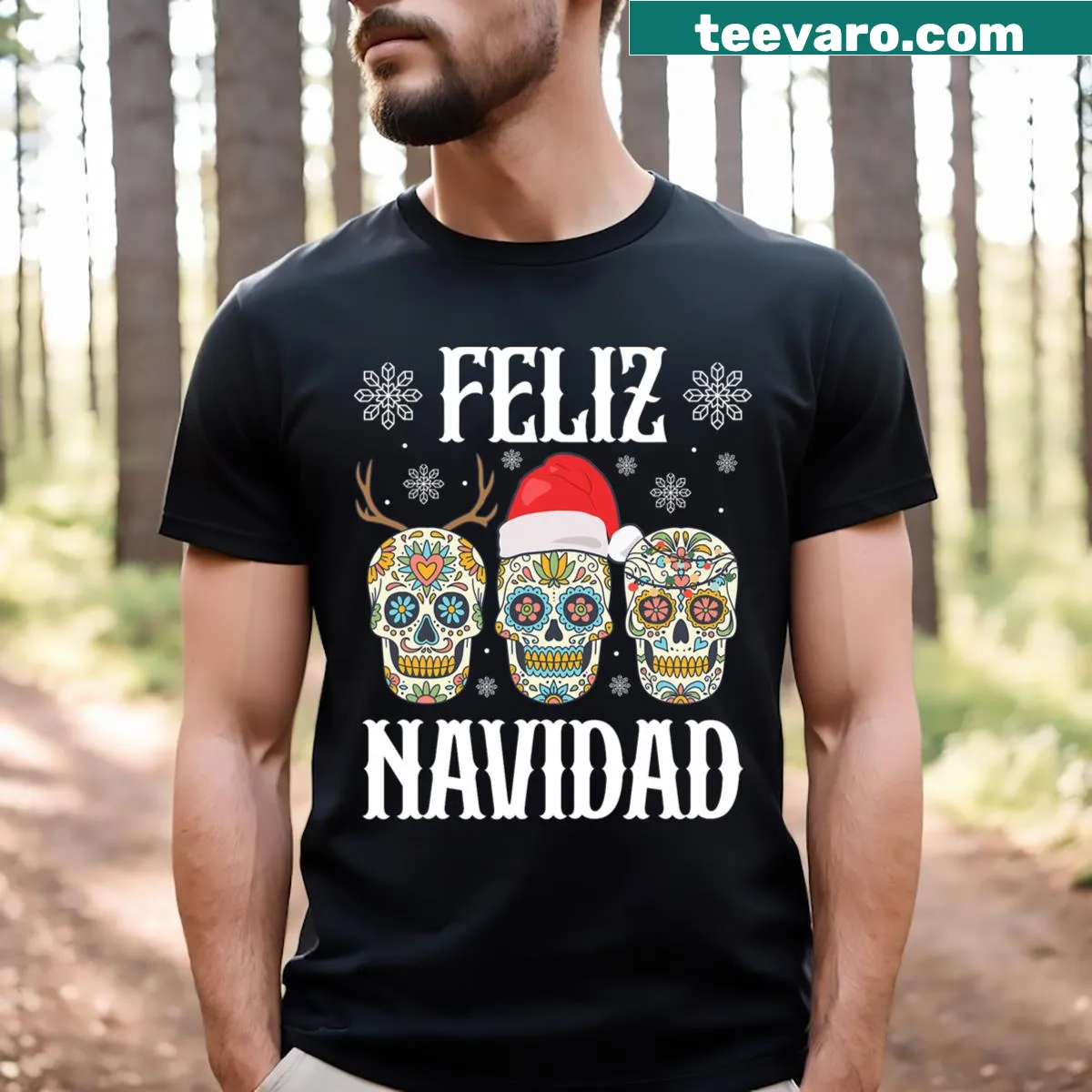 Playful skeletons as Santa and reindeer on Christmas T-shirt — on a men's t-shirt
