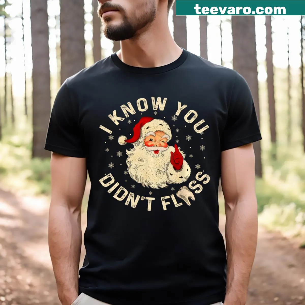 Santa illustration with comedic dental health message — on a men's t-shirt