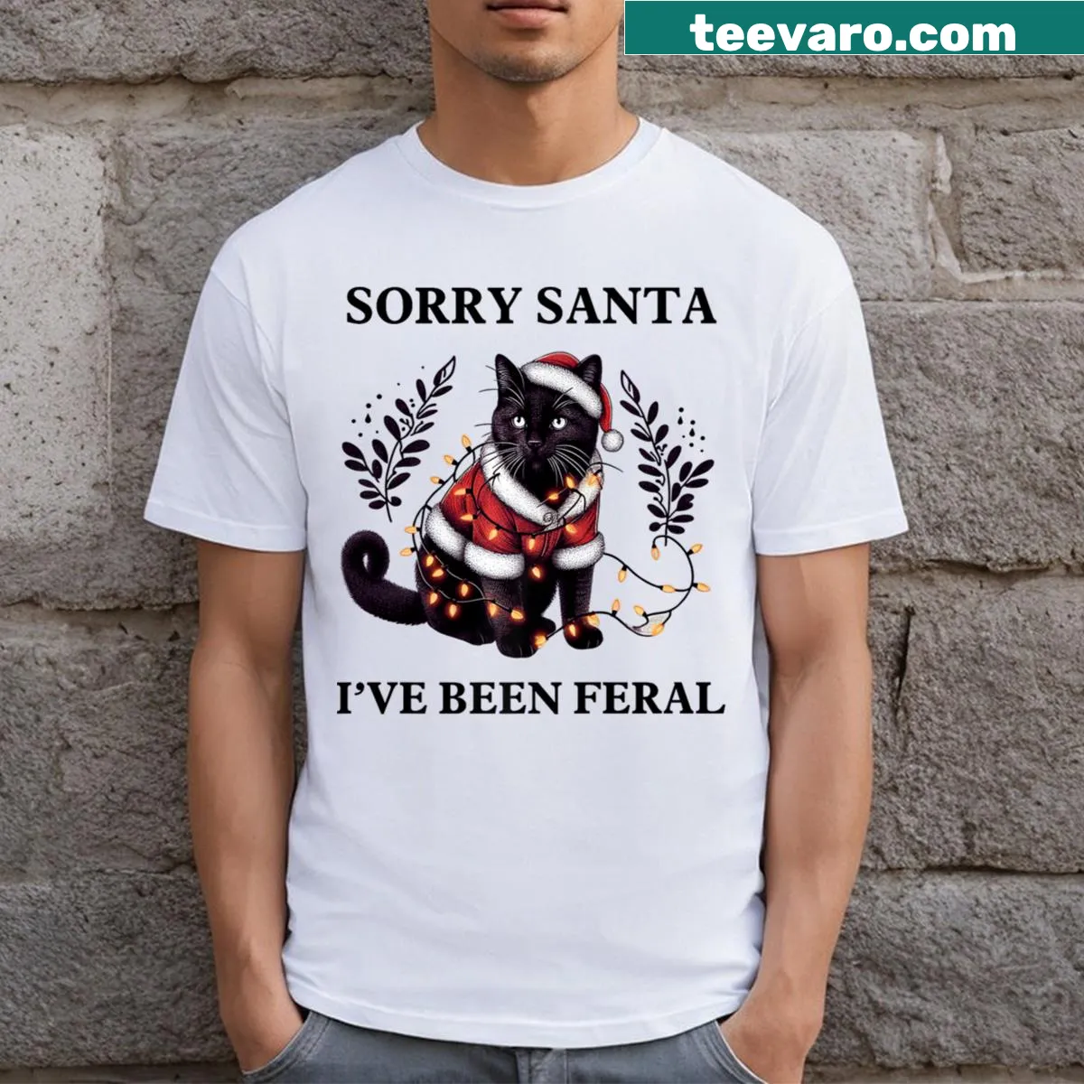 T-shirt with the text 'Sorry Santa, I've Been Feral' for cat lovers — on a men's t-shirt