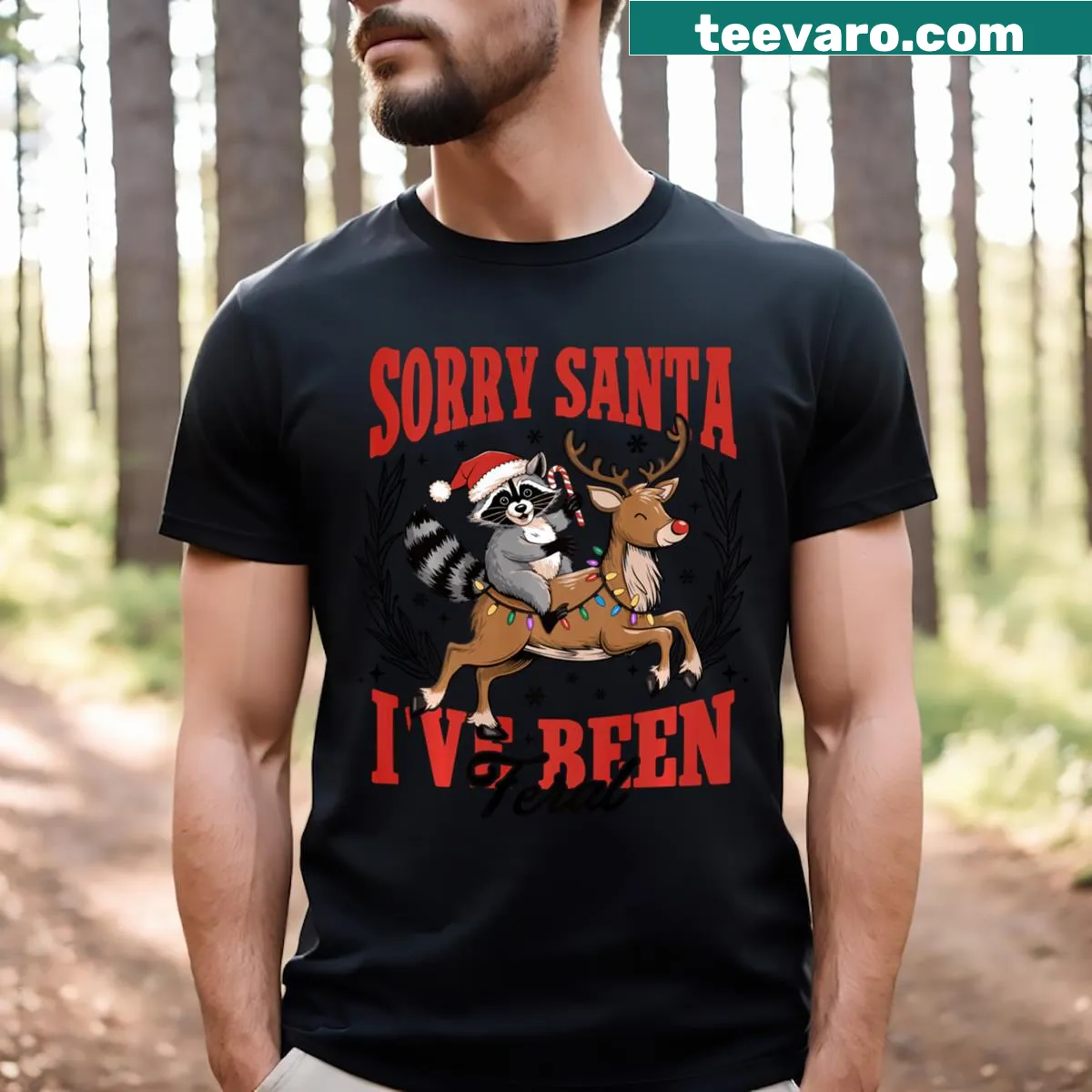 Raccoon riding a horse with humorous holiday message — on a men's t-shirt
