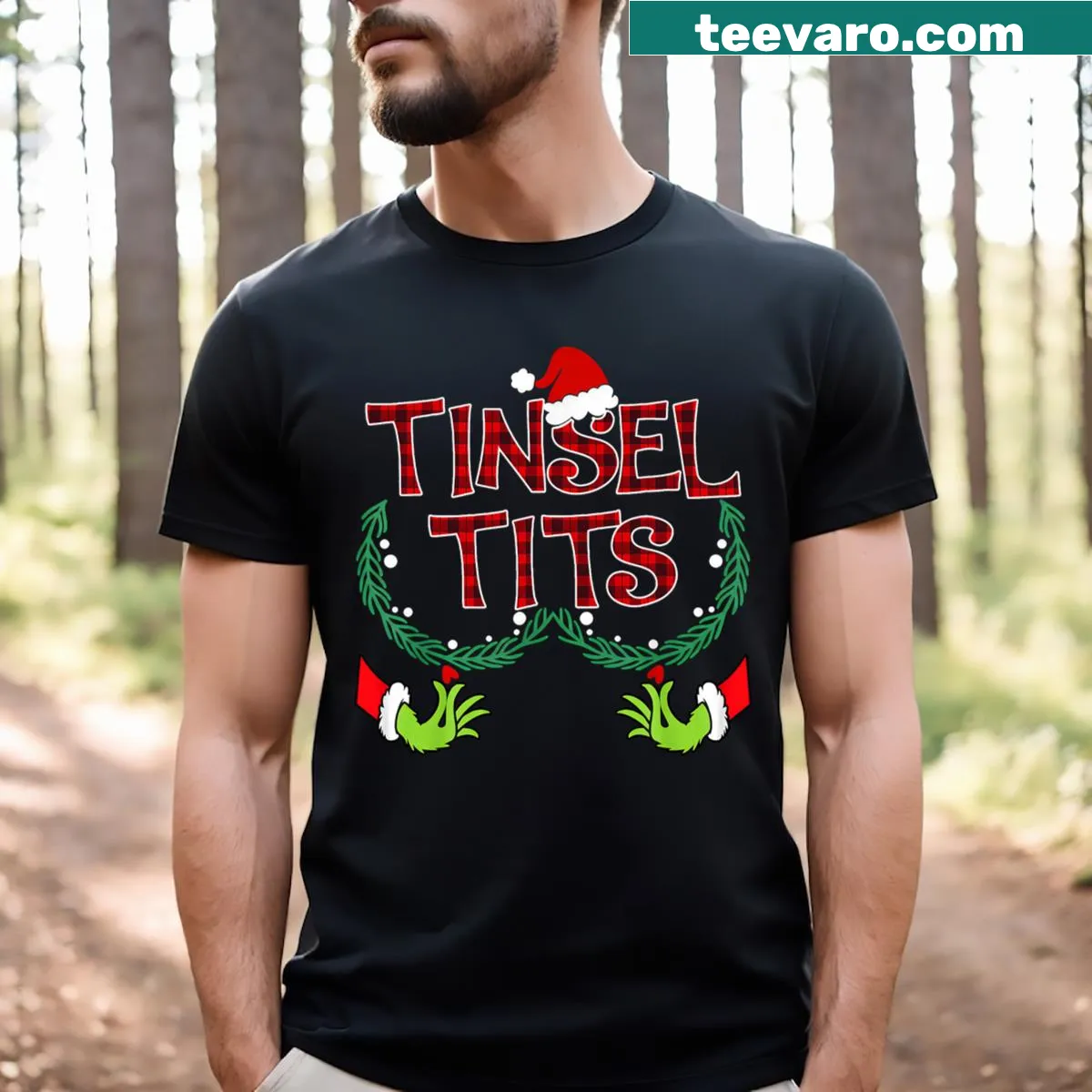 Matching couple's t-shirts with 'Tinsel Tits' and 'Jingle Balls' — on a men's t-shirt