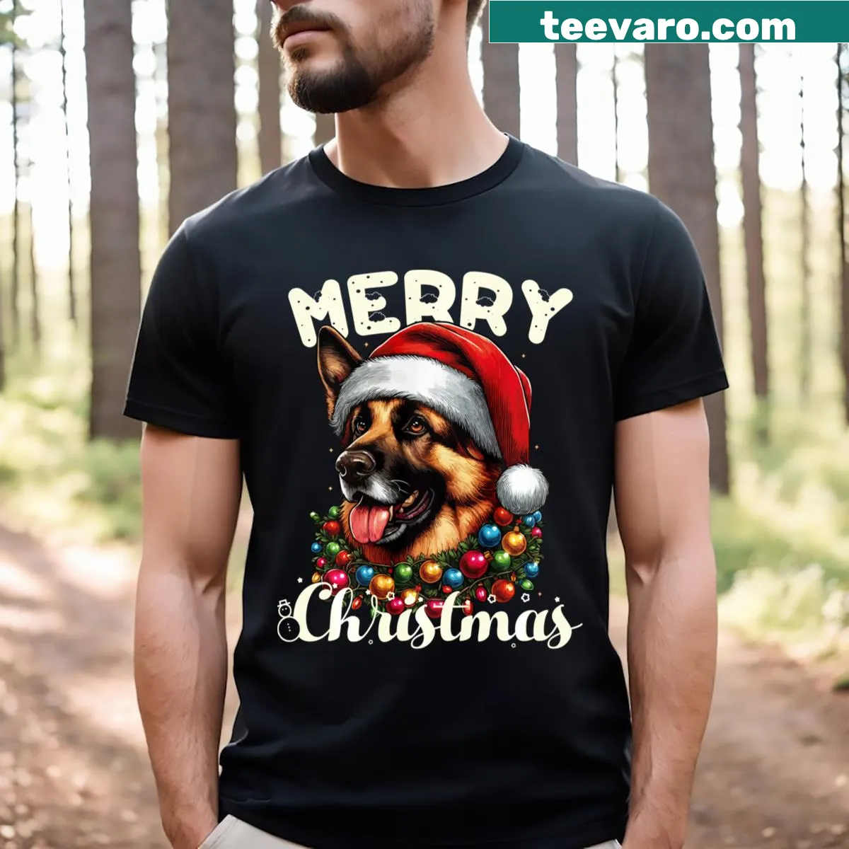 Christmas t-shirt for German Shepherd lovers with a holiday greeting — on a men's t-shirt