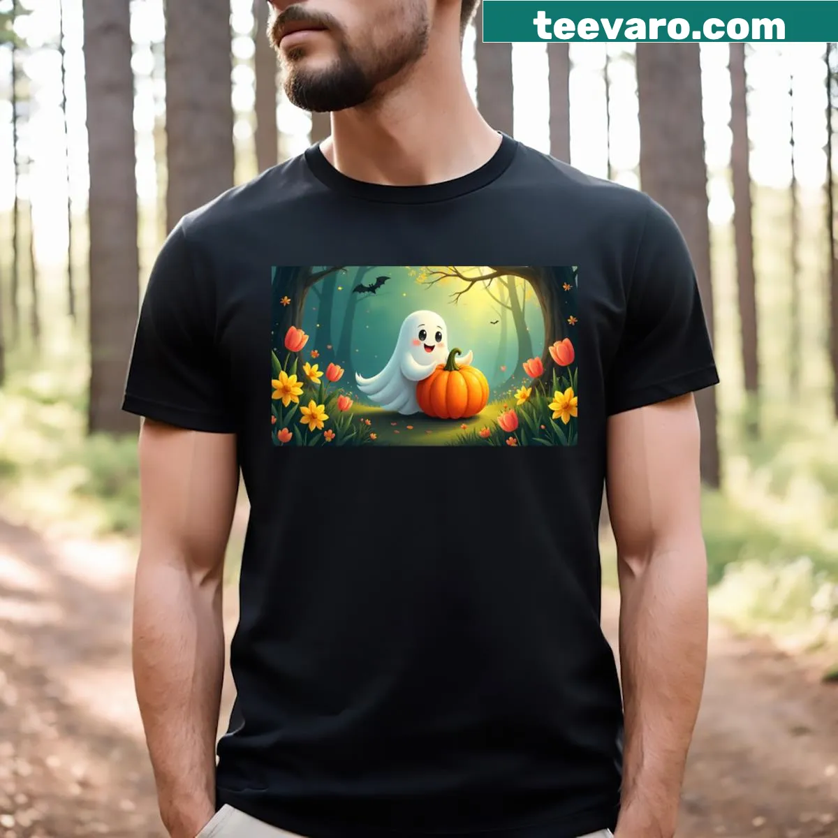 Ghost with pumpkin surrounded by spring flowers on T-shirt — on a men's t-shirt