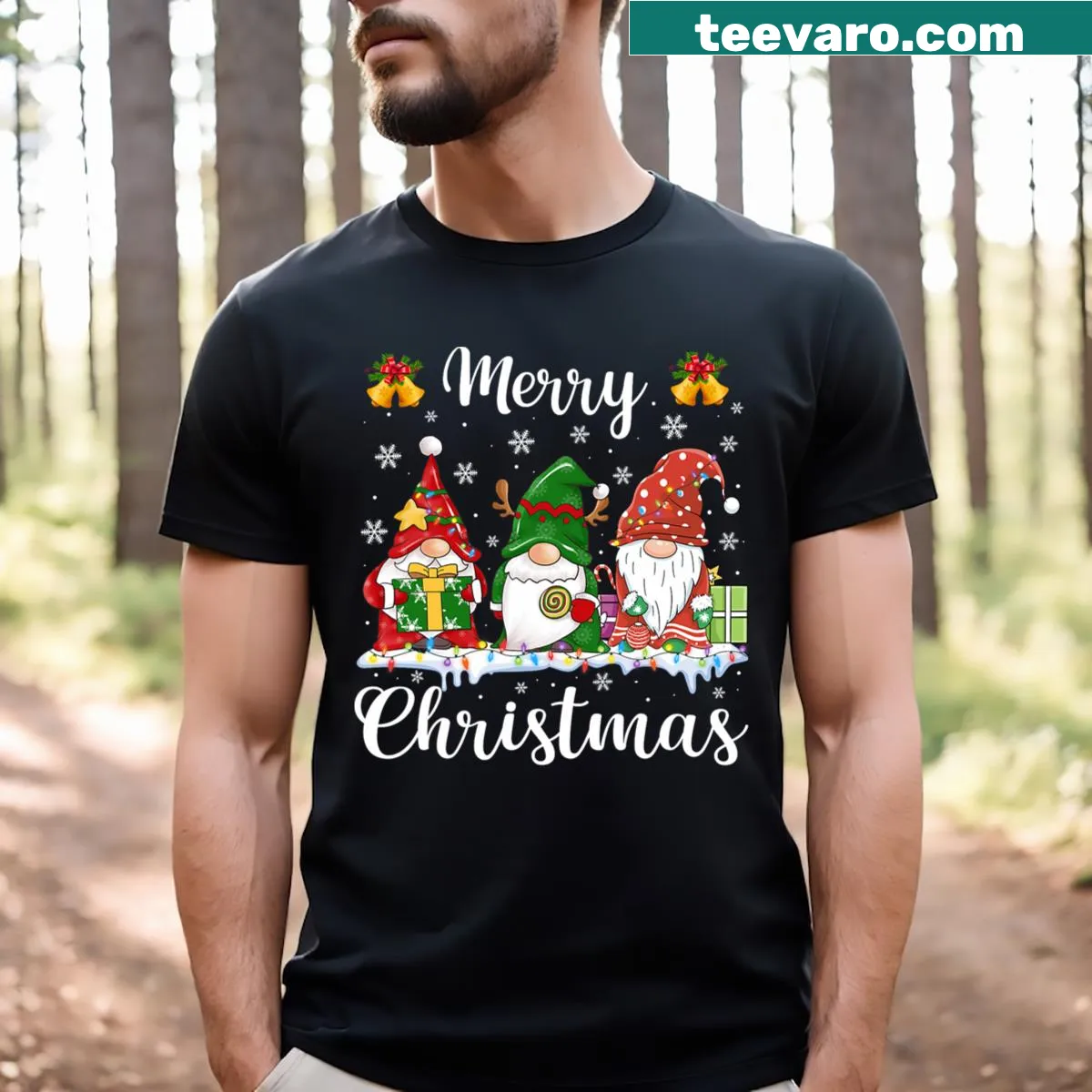 Playful gnomes celebrating Christmas on a festive t-shirt — on a men's t-shirt
