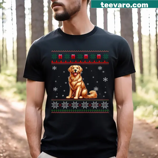 Heartwarming golden retriever design with Christmas lights on a T-shirt.