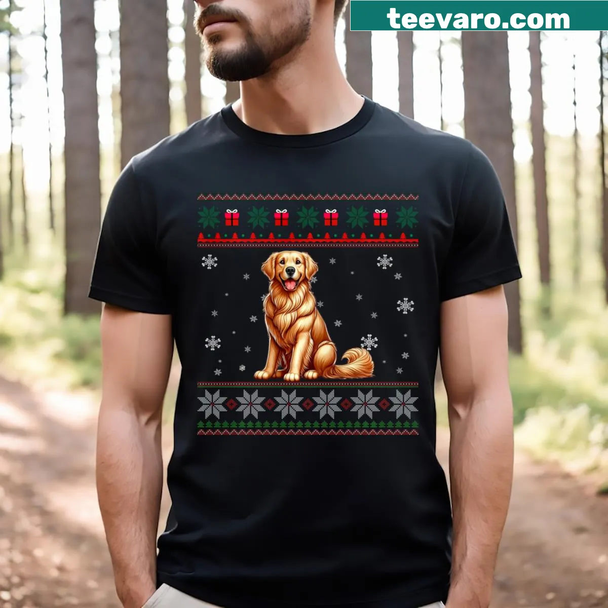 Heartwarming golden retriever design with Christmas lights on a T-shirt. — on a men's t-shirt