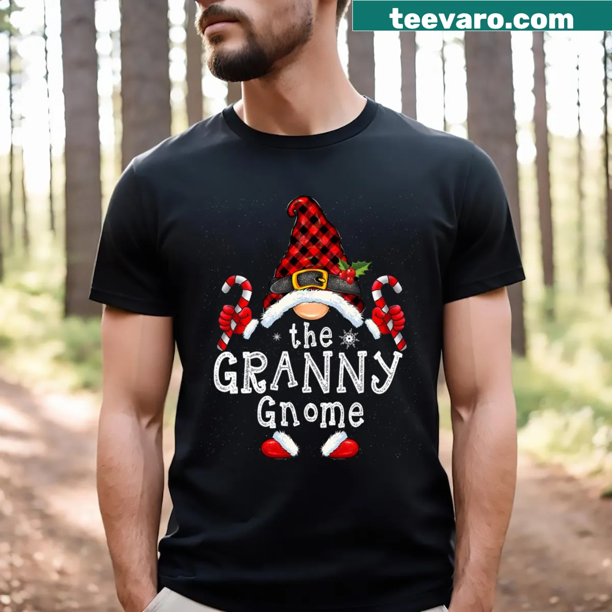 Cute cartoon gnome in buffalo plaid design on T-shirt — on a men's t-shirt