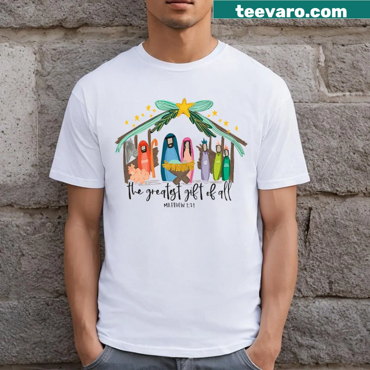 Nativity scene and Bible verse design on Christmas T-shirt — on a men's t-shirt