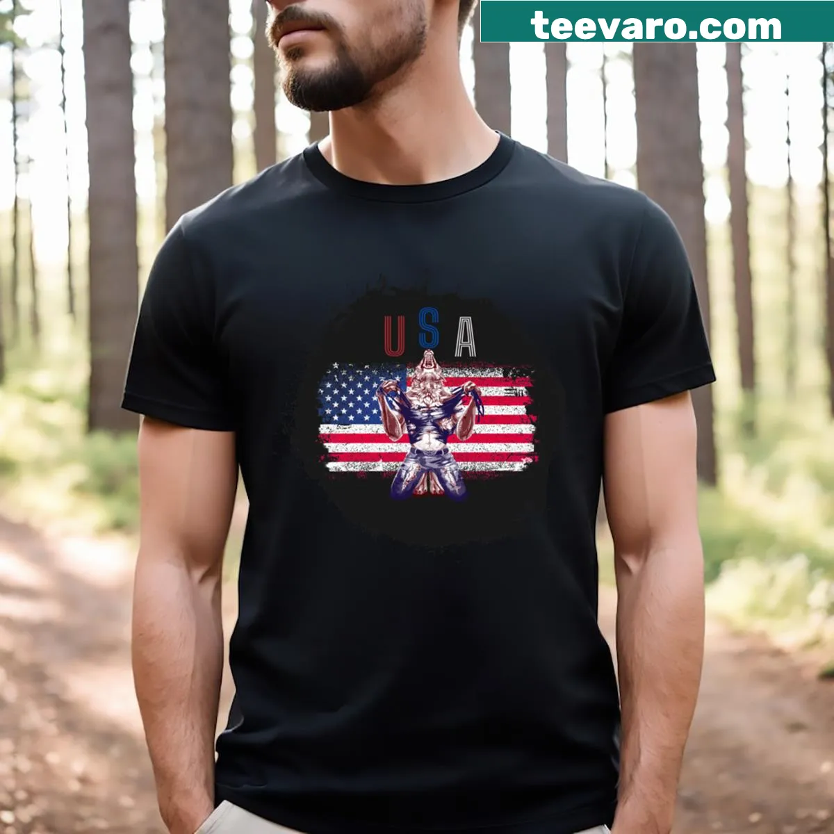 Grunge American flag with howling wolf design on T-shirt — on a men's t-shirt
