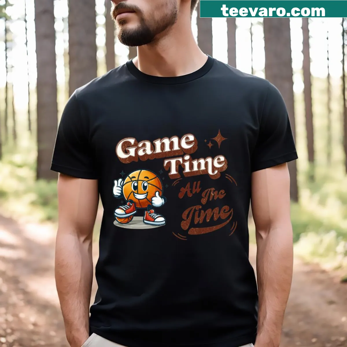 Smiling basketball buddy graphic on t-shirt — on a men's t-shirt