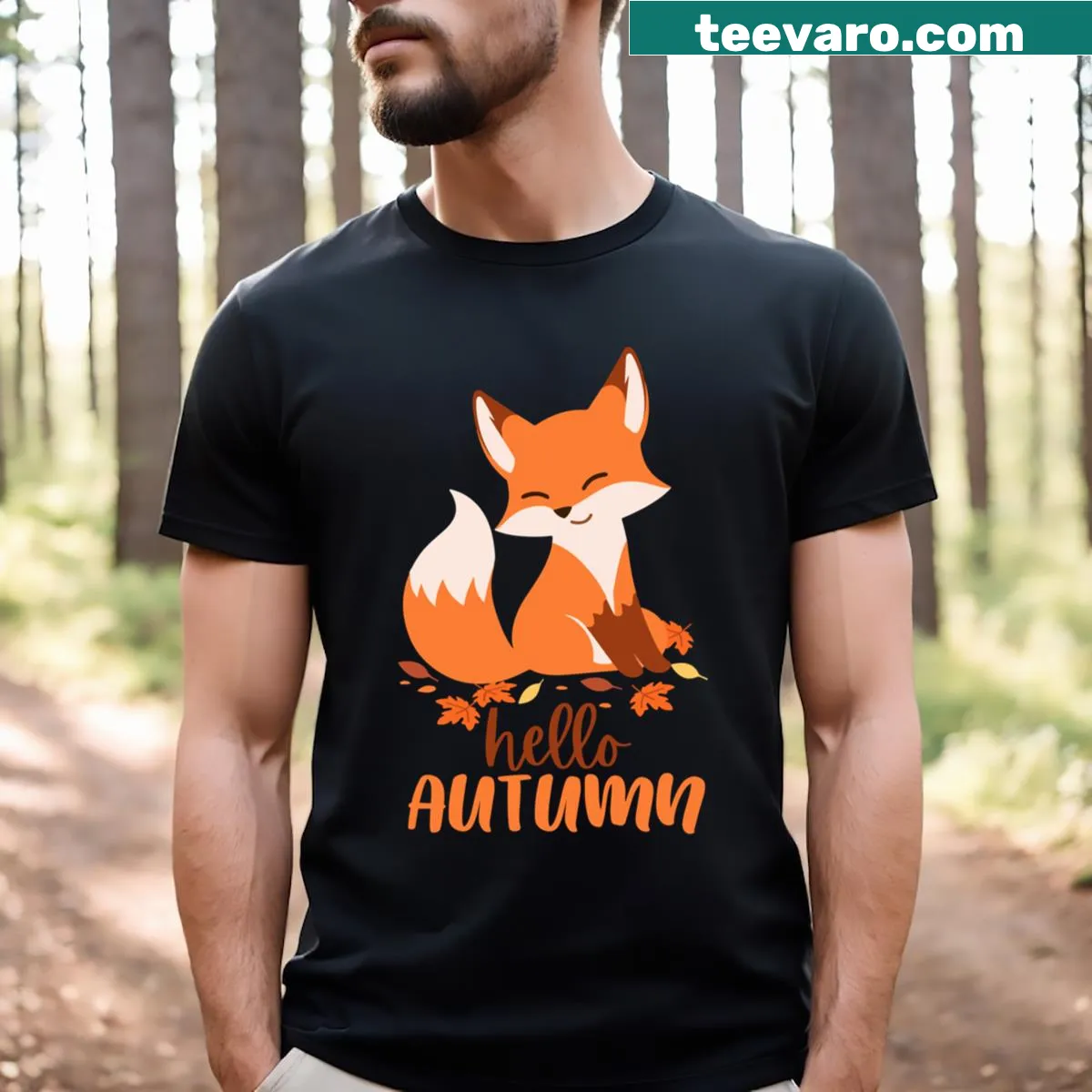 Illustration of a fox with autumn leaves on a T-shirt — on a men's t-shirt