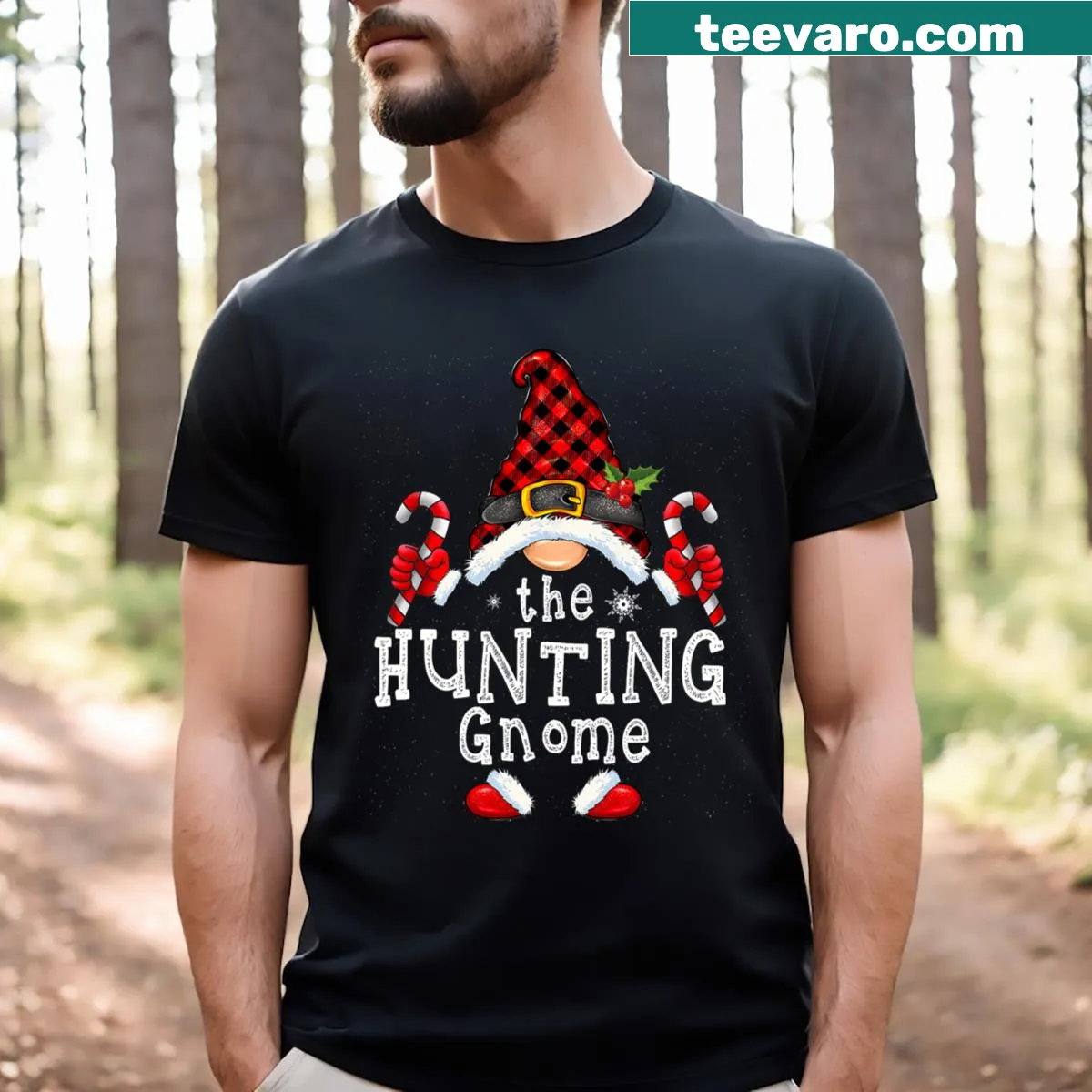 Buffalo plaid t-shirt with a cartoon hunting gnome design — on a men's t-shirt