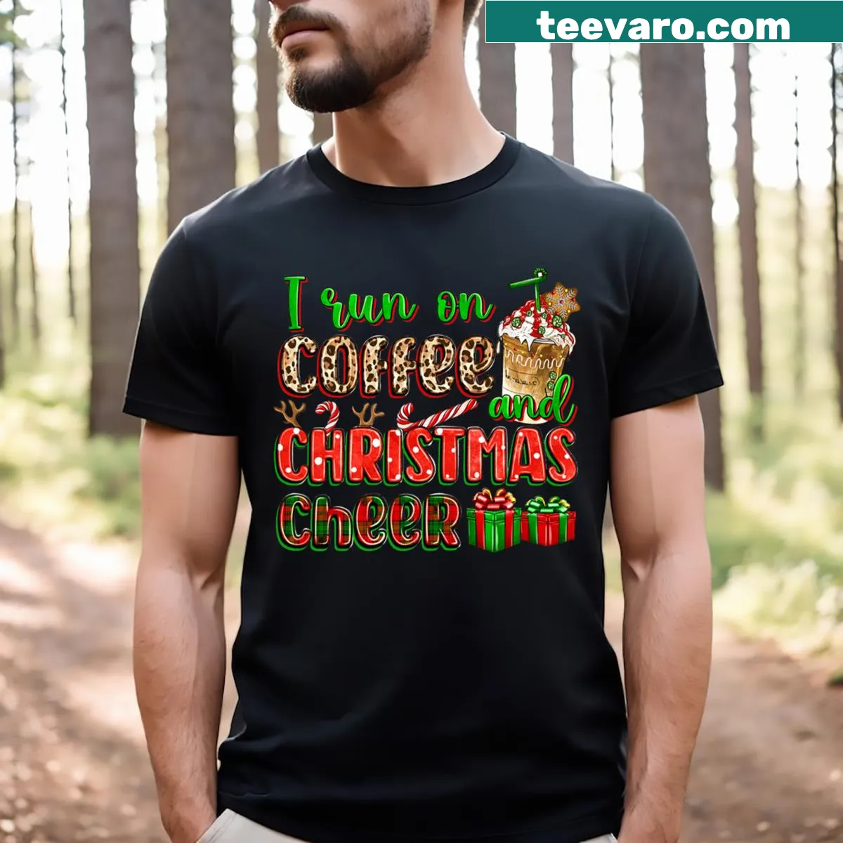 T-shirt with the phrase 'I Run On Coffee And Christmas Cheer' in fun typography — on a men's t-shirt