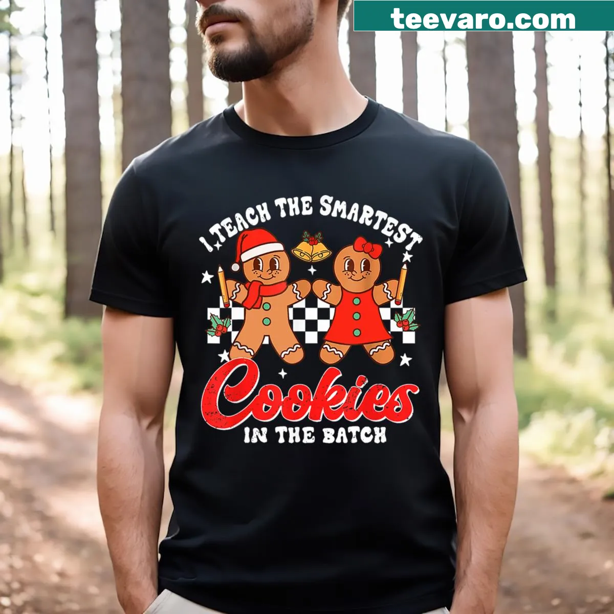 Funny Christmas T-shirt for teachers with 'I Teach The Smartest Cookies' text — on a men's t-shirt