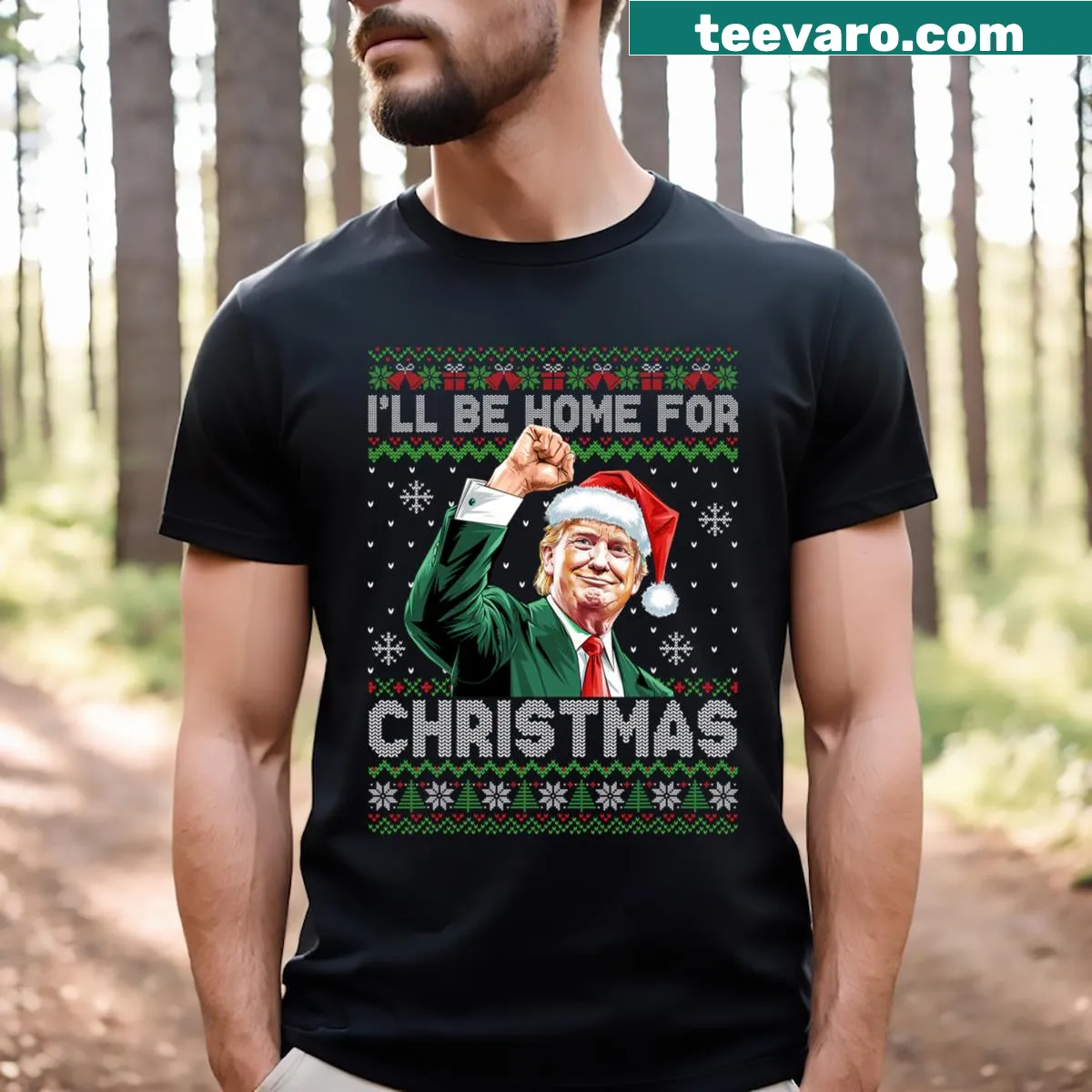 Funny Santa hat t-shirt with a Trump theme for Christmas — on a men's t-shirt