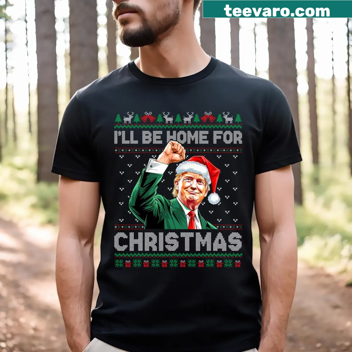 Funny Christmas t-shirt with a Trump theme and Santa illustration — on a men's t-shirt