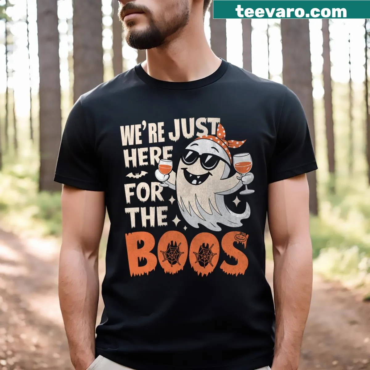 Funny Halloween t-shirt with the phrase I'm Here For The Boos — on a men's t-shirt