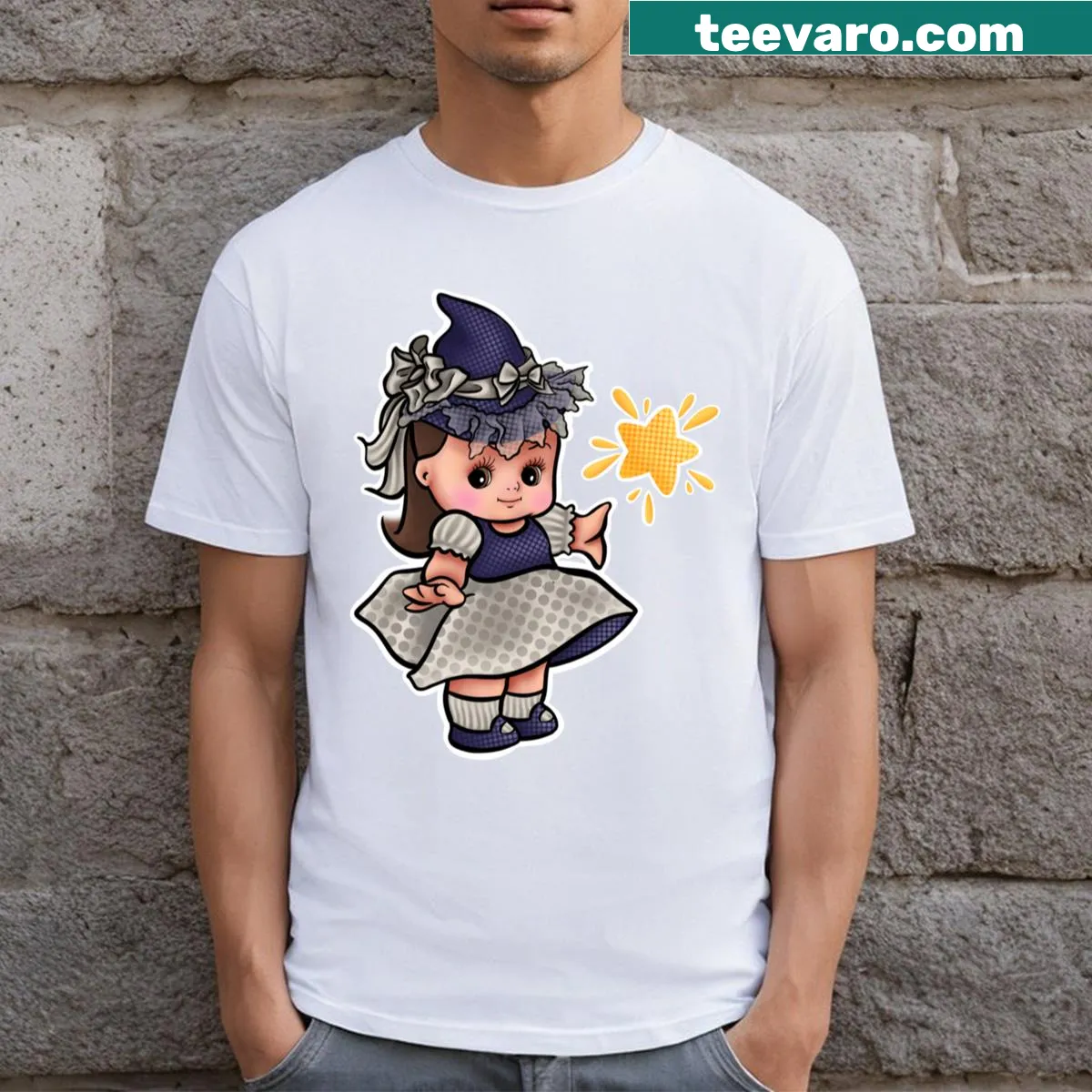 Cute Lil Witch Kiewpie T-shirt featuring a whimsical witch character. — on a men's t-shirt