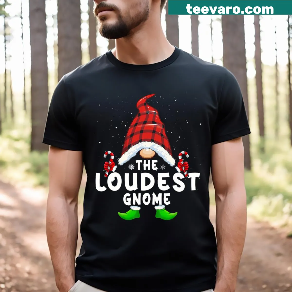 Matching family Christmas T-shirt with a gnome in buffalo plaid. — on a men's t-shirt