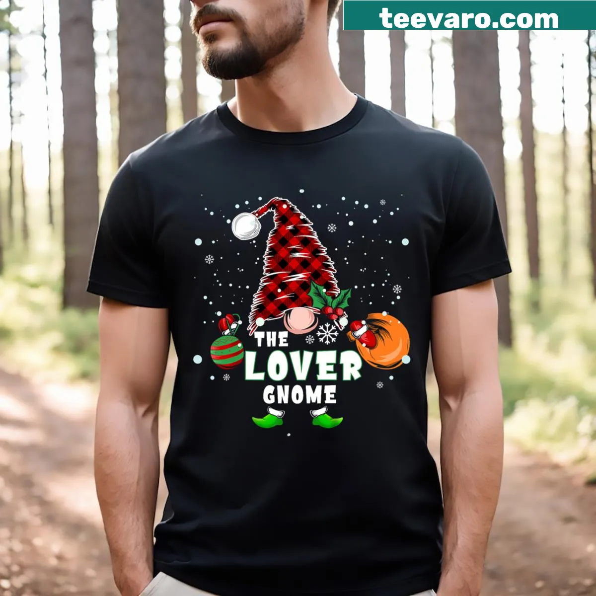 Matching couple Christmas T-shirt with gnome design — on a men's t-shirt