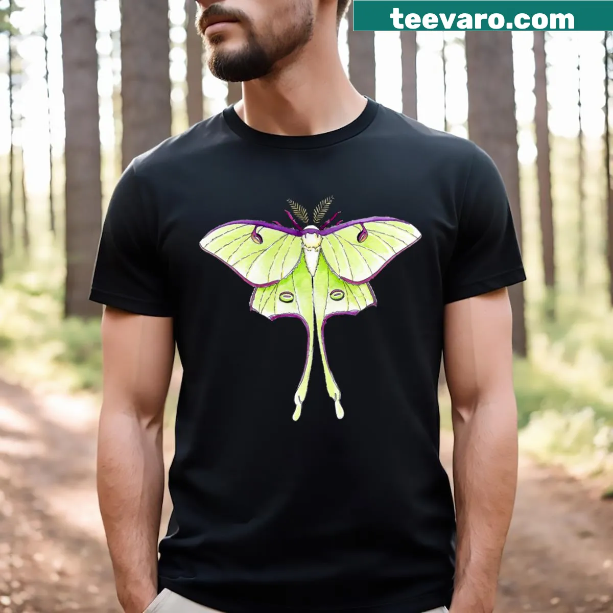 Illustrated T-shirt featuring a Luna moth design. — on a men's t-shirt