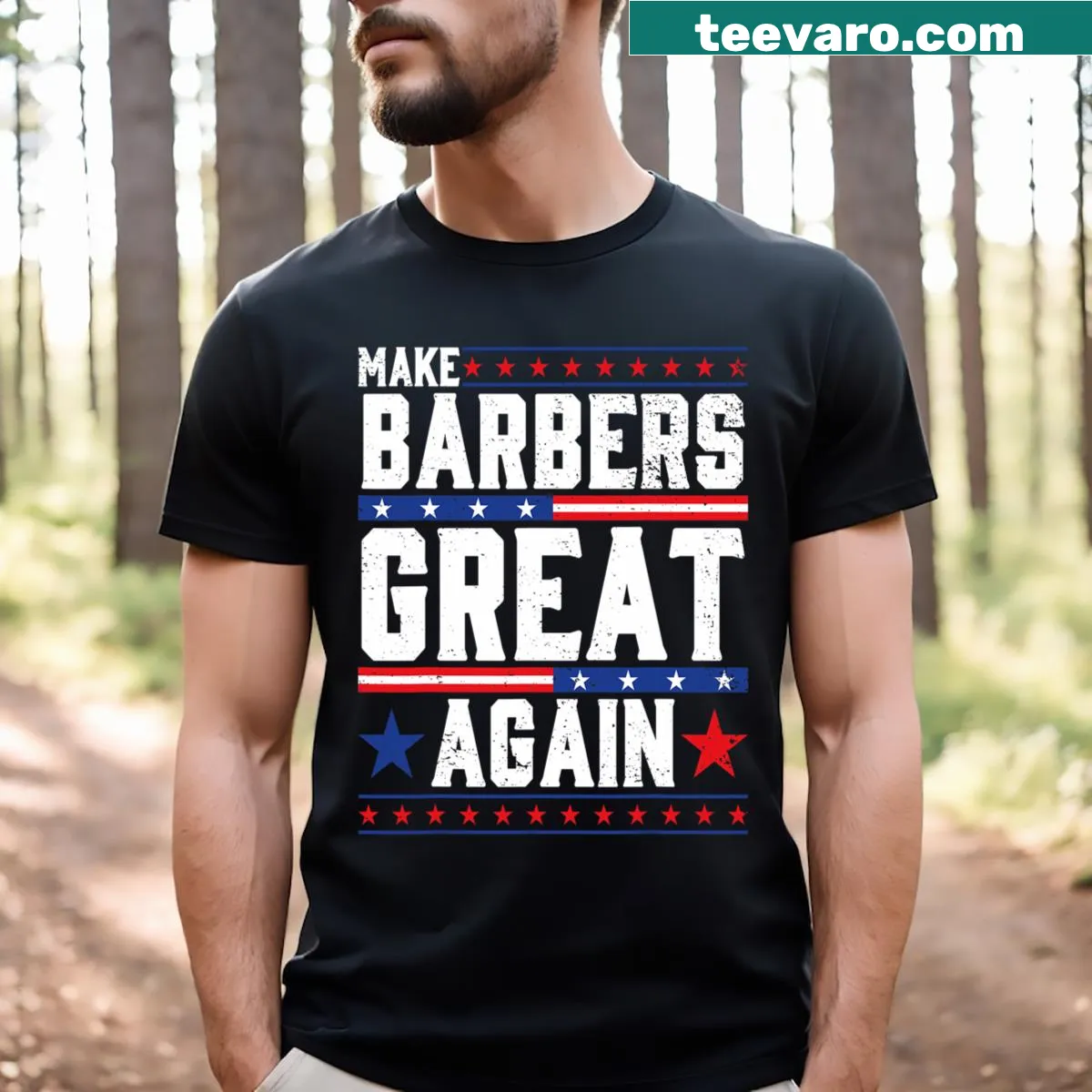 T-shirt with the phrase 'Make Barbers Great Again' prominently displayed — on a men's t-shirt