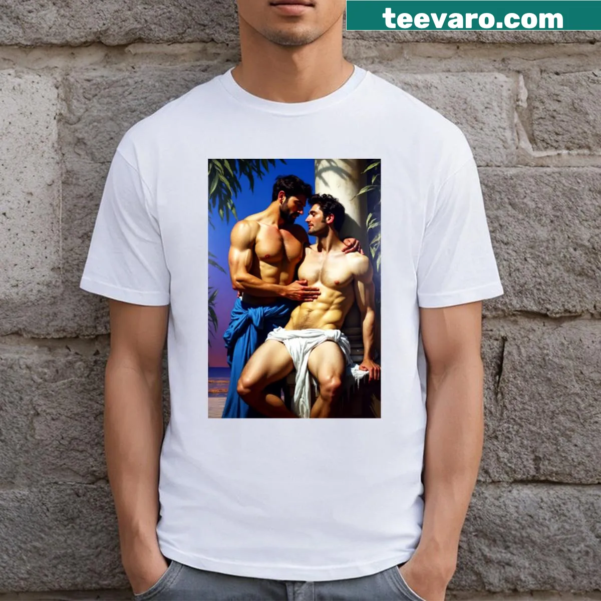 T-shirt depicting a happy male couple in a casual pose — on a men's t-shirt