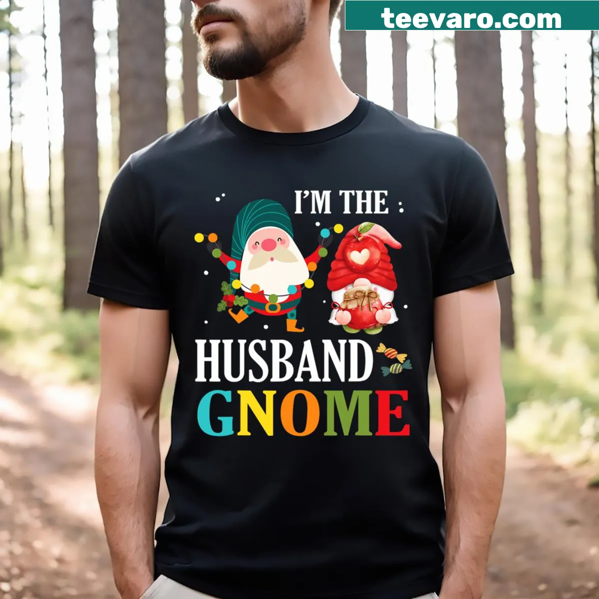 Funny husband gnome Christmas T-shirt with playful design — on a men's t-shirt