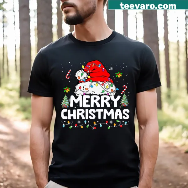 Festive Christmas Lights T-shirt with Santa hat illustration